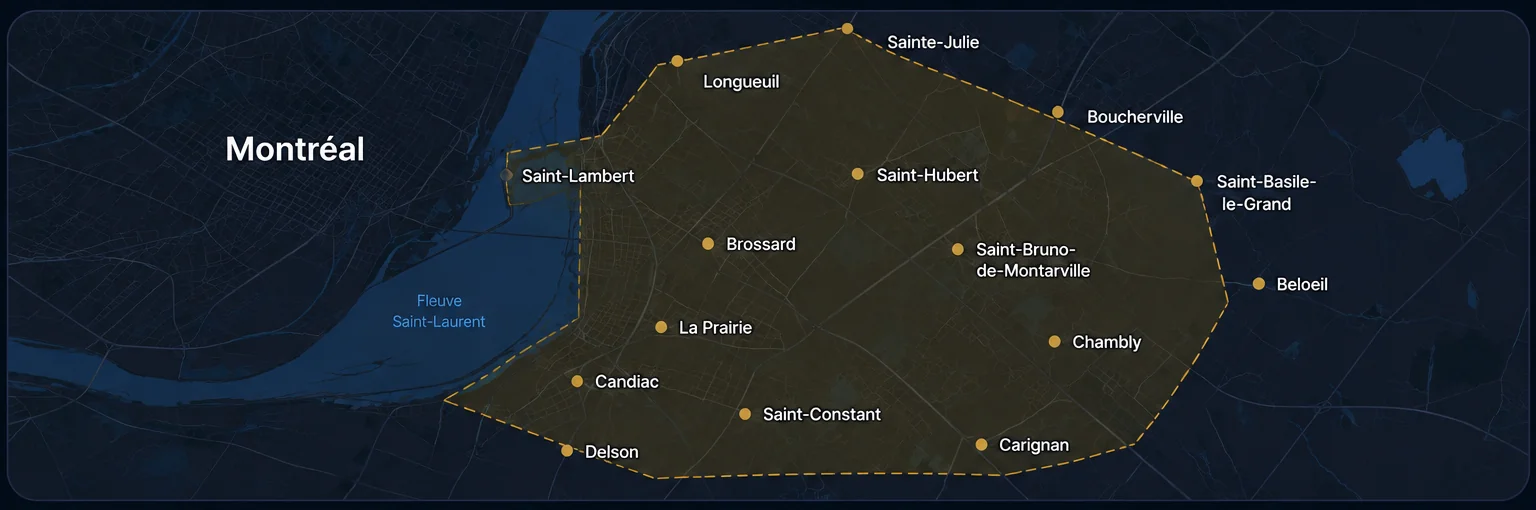 Carte stylisée de la zone desservie par Les Services du Jobineux sur la Rive-Sud de Montréal, incluant Longueuil, Brossard, Saint-Hubert et Boucherville.