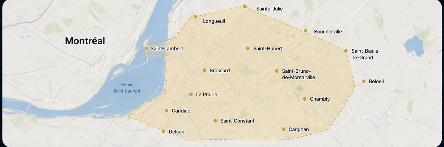 Carte stylisée de la zone desservie par Les Services du Jobineux sur la Rive-Sud de Montréal, incluant Longueuil, Brossard, Saint-Hubert et Boucherville.