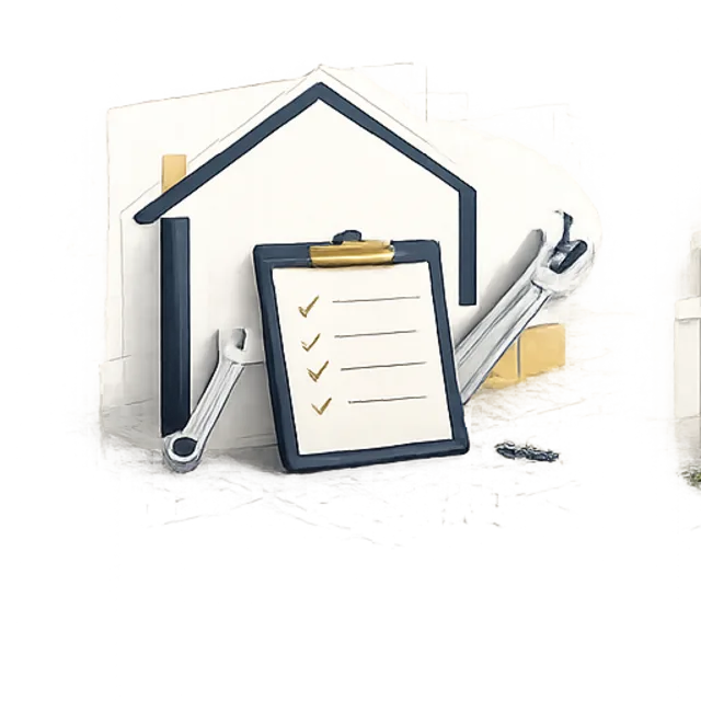 Illustration isométrique d’une maison avec une liste de vérification et une clé