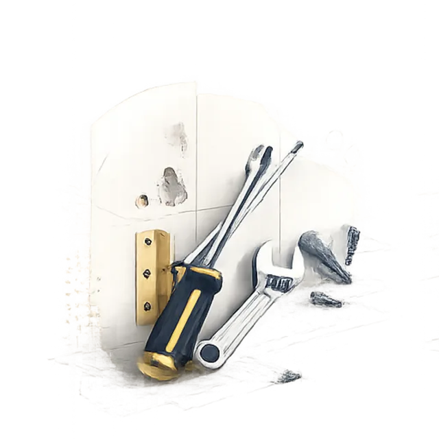 Illustration isométrique d’outils de réparation (tournevis et clé)